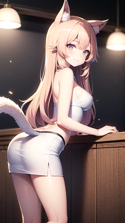 best quality,masterpiece,Ultra-high resolution,truthfully:4:0,floor to ceiling blinds,beautiful and cute,woman,cat ear,Shy expression,long hair shawl,mini skirt,,bend over,Wear ruffle stockings,