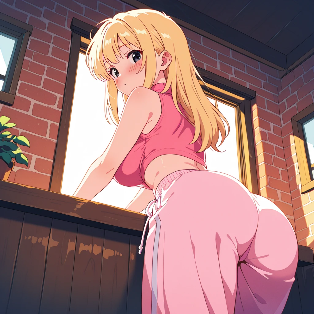 there is a cartoon female in white standing with her hip sticking out,(RED Ribbon on HAIRband:1.2), 1girl, (7yo :1.4), solo focus, back view, Blonde_HAIR,(from below:1.4),
blush, (small and tiny hip), thin butts, thin thigh, buggy (camisole), (White hotpants:1.2),
(kneeling, on all fours:1.2), (looking back, looking at viewer:1.4), (sticking out butts:1.2),
(in the Bedroom), indoors, dutch angle,Ichigo Hoshimiya (Aikatsu!),close-up shot of hip