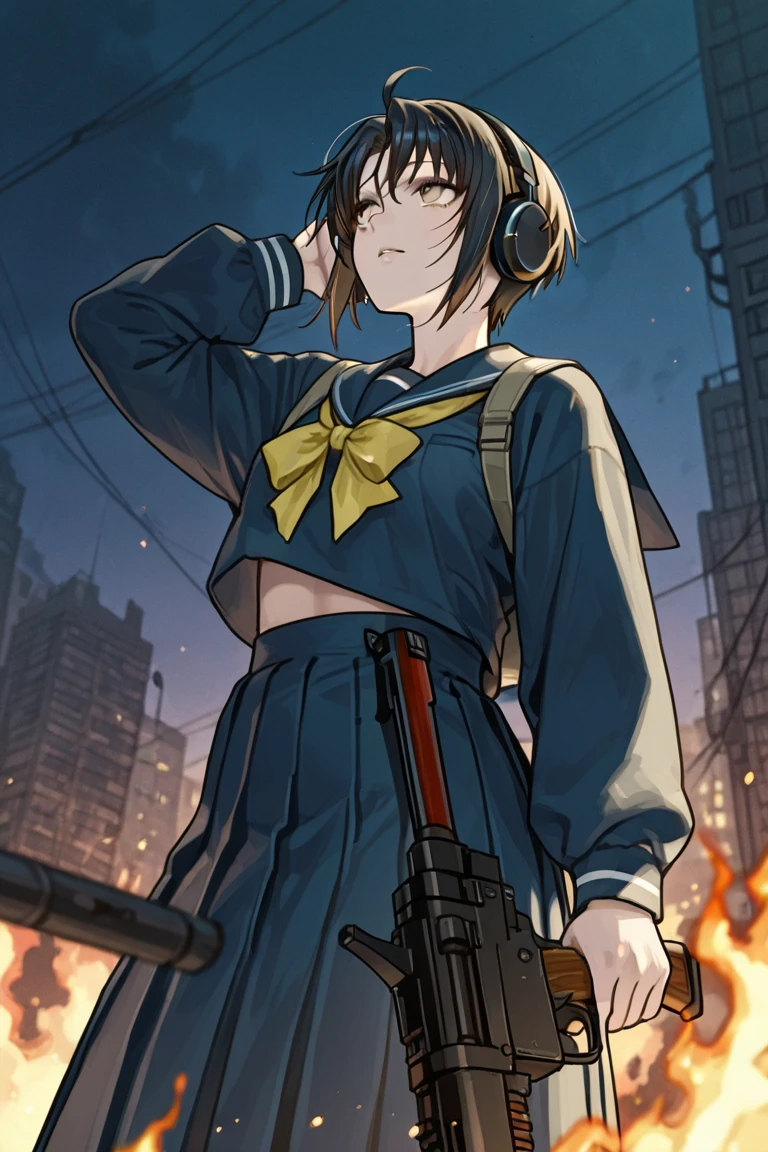 Levi、wearing headphones、Japanese student uniform、Ruined City、a strong monster jumps up、Looking up and shooting、Burning City、Equip heavy weapons、Gunfire、night