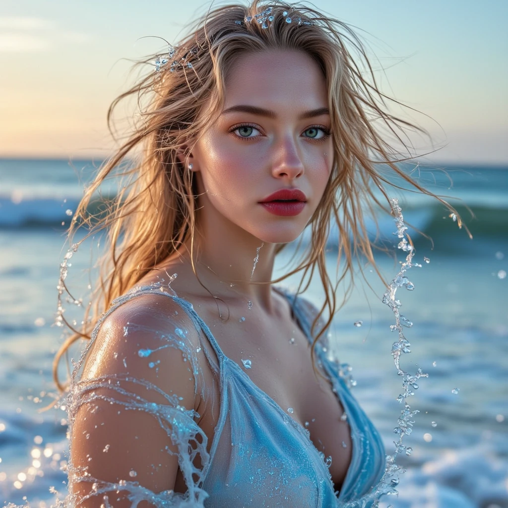 (full body shot:1) photorealistic image of a (walking pose:1) woman, ultrarealistic, photography, long red hair, woman, 24 years old, hourglass figure, perfect body, Flirty look, natural medium breasts, blur background, woman in a blue robe is walking into the sea, elegant, closeup fantasy with water magic,((waves)), beautiful maiden, wearing a robe made of water, cleavage, dripping wet, in water up to her shoulders, woman soaked by waves, nymph in the water, hyperrealist portrait in ocean, hyperrealistic fantasy photo, splashing, cute shot, narrow depth of field, portrait, sunset, 8k, drenched, ((soaked)), dripping water, heavy clothes, wet all over, wet dripping hair, pov shot, portrait, posing, twilight, red sun, sun glare, ((looking at viewer))
