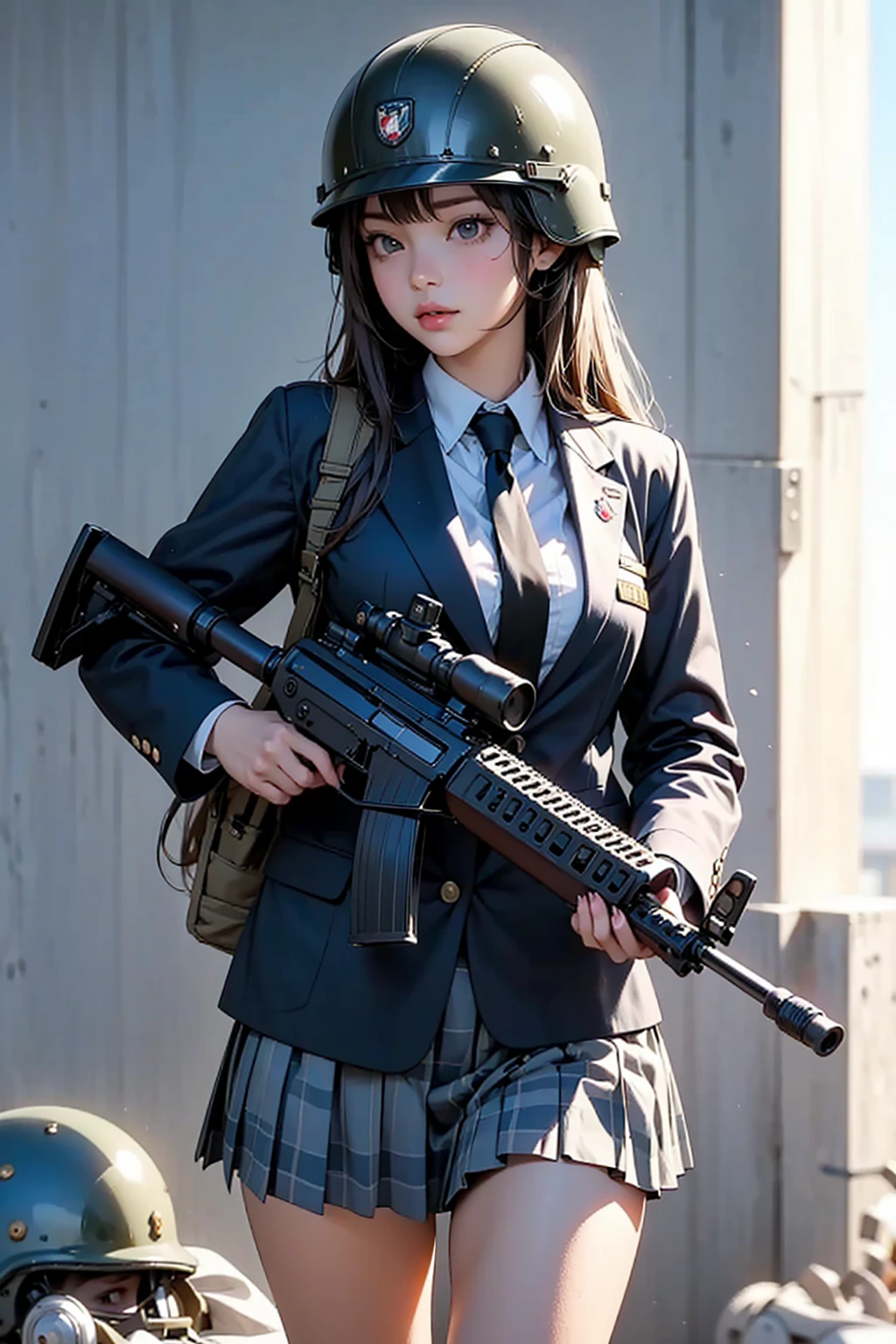 (Raw quality:1.4), 1 female、(so beautiful)、(Beautiful Face:1.5)、(Detailed face)、Are standing、(High School Uniform)、Dark blue jacket、White shirt、tie、Checked mini skirt、Brown Hair、(Heavy makeup)、(Hold the rifle)、(Point your rifle:1.5)、H&In the case of hK416、(On the roof of a high-rise building), night, Starry Sky, milky way,
