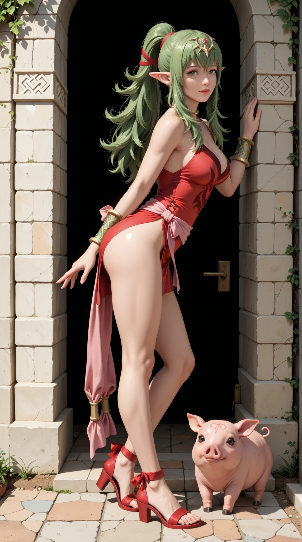 Female, standing, straight, 1girl, elf, green wavy hair, medium breasts, suspended by arms, head down, POV, from the side (dirty, bruise:1.2) cave floor, tied up, rope, (Masterpiece), full body of a female, big breast, detailed face, full portrait, standing straight, shackles on arms and legs, black choker on neck, SFW, WHITE TOGA, golden chains hands, golden chains legs, lascivious face, embarrassed, red cheeks, braid black hair, full body, view from below, far shot, cow boy shot, looking at viewer, handcuffs on their hands, with a collar around the neck, slave, ((black choker, shackles on legs and arms)) ((hands hiding behind body))