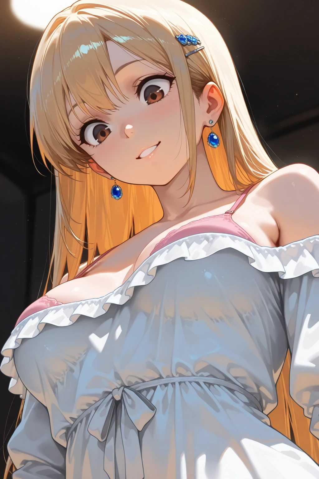 blonde hair, red eyes, long hair, twin braids, hair scrunchie, hair ribbon,shuka dress, red dress, ruffle dress, No sleeve,(big breasts:1.5),looking at the viewer,Are standing,((masterpiece)),((highest quality)),perfect anatomy,8K UHD,highly detailed face,luster and luster,((1 girl)),((alone)),(beautiful and fine eyes:1.5),perfect image,(Upper body:1.1),(look ahead:1.1),turn your arms behind your back,slim waist,shiny hair,outdoor,light smile,