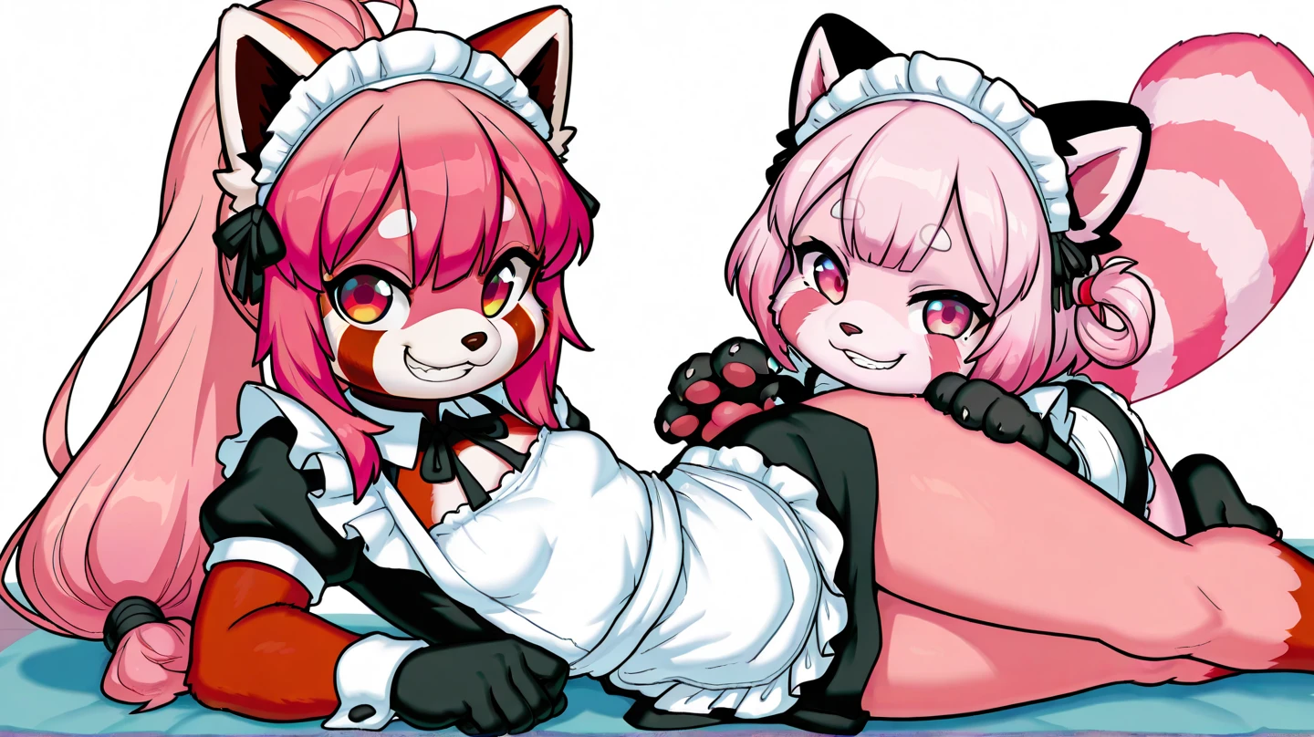 Shark girl, very sexy, big breasts, Maid bikini set, Stick out your tongue and drool., Kiss each other