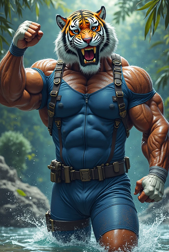 Muscular man dressed as Pennywise without shirt. The background is a dark forest.