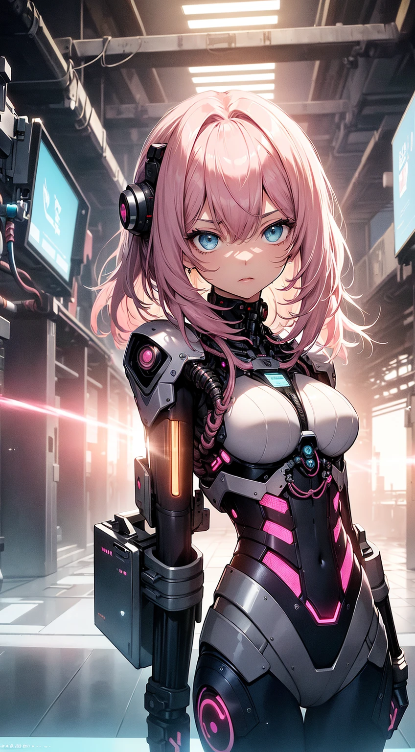 1girl, close-up, intricate details, (cyberpunk:1.4), mechanical arms, glasses, messy hair, (shiny neon armor:1.2), machines, black background, big breasts, pink hair, curvy girl but fit, a gun in her hand, bots, drones, cars