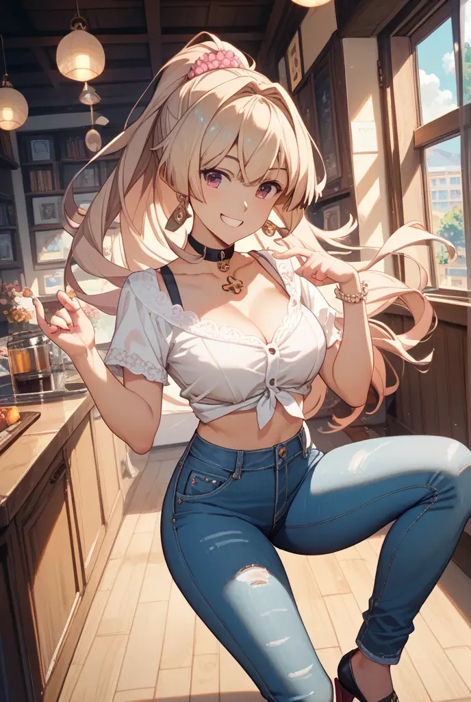 masterpiece、highest quality、Very detailed、An illustration、Beautiful fine details、One Girl、cute、Detailed landscape、Training Room Background:1.4、Platinum Blonde Hair、Braided Ponytail、Red camisole、((D cup breasts, Tank top showing underboob:1.3))