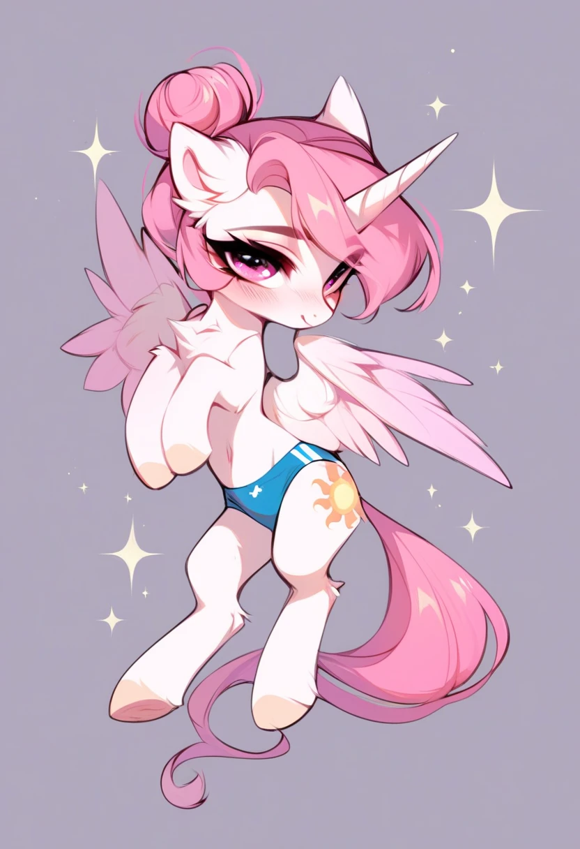 check_9, check_8_up, check_7_up, source_fluffy, rating_safe, from Magnaluna, Celestia poses seductively in a white bedroom, dark pink mane with gold stripes in it, hair bun with bangs, pink eyes, white body, thick thighs, anthro, blushing, wearing lingerie, full body