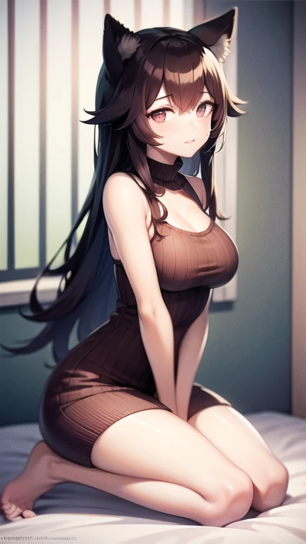 NSFW:3.6 Full Body View、Black sleeveless vertical striped shirt:1.3 1 female 1 male、Cowgirl sex with a slim muscular man:1.3. Excitement, sweating, flushing), (Night, dark room, apartment room, lying on a white bed, troubled face, crying face)、 (Black hair, medium length, ponytail, straight hair, bangs swept to the side:1.9 Slanted eyes Brown eyes Tall Big breasts Strong Beautiful Cute) 、