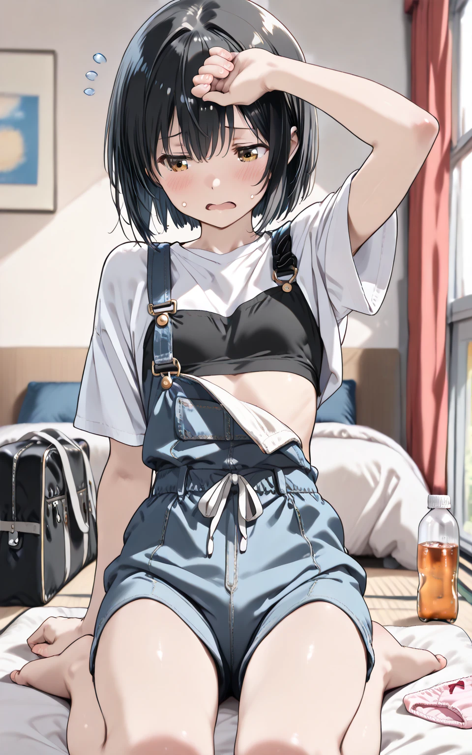 (anime:2.0), (teenage girl, short brown hair:1.7), (pose sitting on a stool with his back to the camera:1.3), Background room, (denim shorts, Black T-shirt, leggings:1.3)