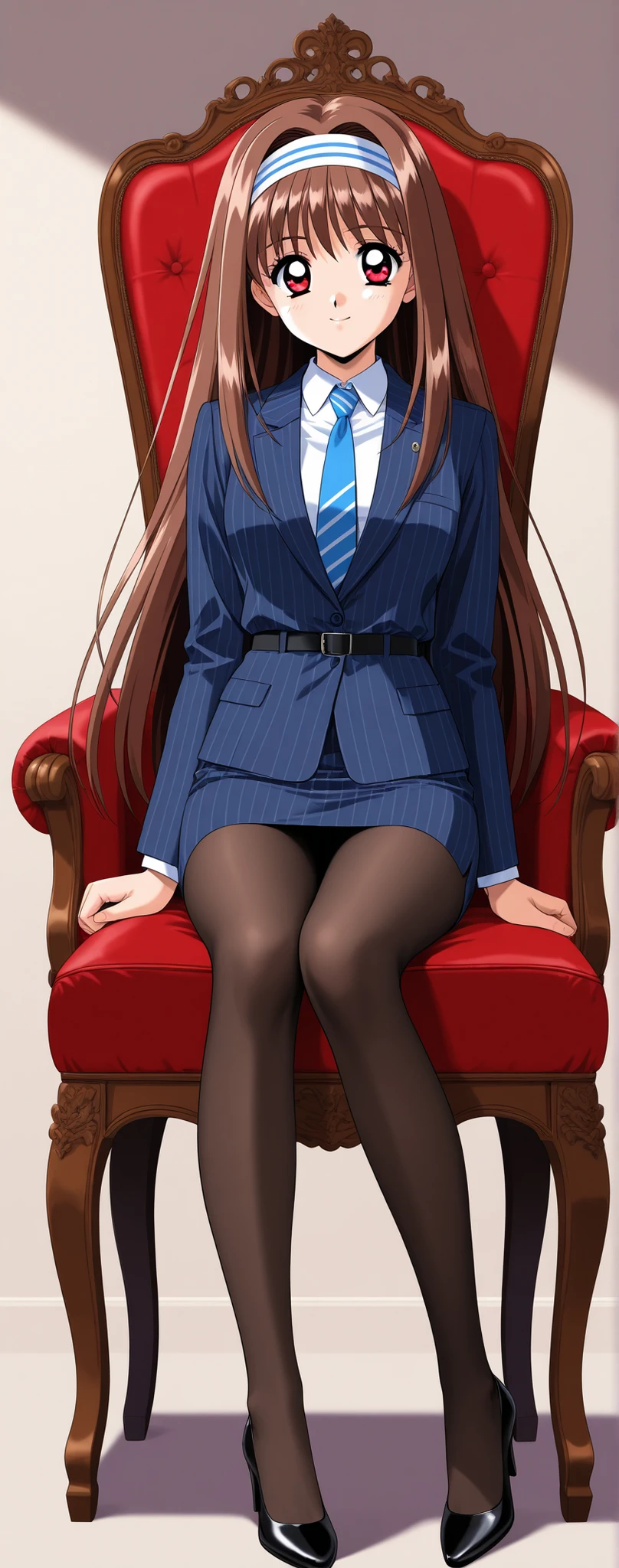 Yukijo Ruiho ,1 woman,solo,Brown Colored Hair,Very Long Hair,hair band,Red Eyes,1990s(style)、角井綾style、medium bust,black tights、wearing a navy blue suit,navy blue striped jacket,collared shirt,white shirt,Blue Necktie,belt,navy blue striped long pencil skirt,black tights,black high heel pumps,sitting in a princess chair、