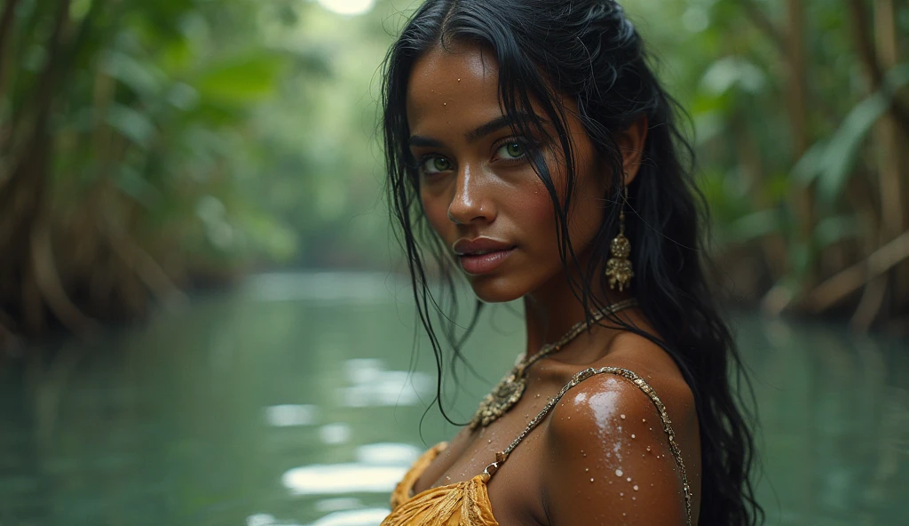 portrait close-up of a face of a brazilian woman, 38 years old. sunburnt ebony skin, (Wet and dripping hair, curly hair), wavy at the height of the back, jade eyes, fluffy turned, ((big cheeks)), bathing in the natural, in a deep river and transparent waters, [[only with the head and neck out of the water]], between reeds, (backlit), realistic, masterpiece, high quality, brightness, shadow, flower, [[chromatic aberration]], by Jeremy Lipking, by Antonio J. Manzanedo, digital painting, Brazilian, 8k uhd, forest, river, wood, smoke, shadows, contrast, clear sky, looking_at_viewer, (warm hue, warm tone)