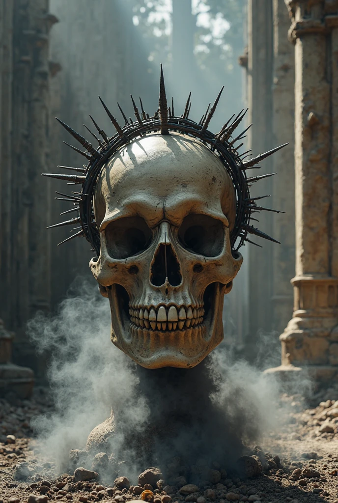 best quality, 4k, 8k, ultra highres, raw photo in hdr, sharp focus, intricate texture, skin imperfections, photograph ofa skull with a Corona de espinas on its head