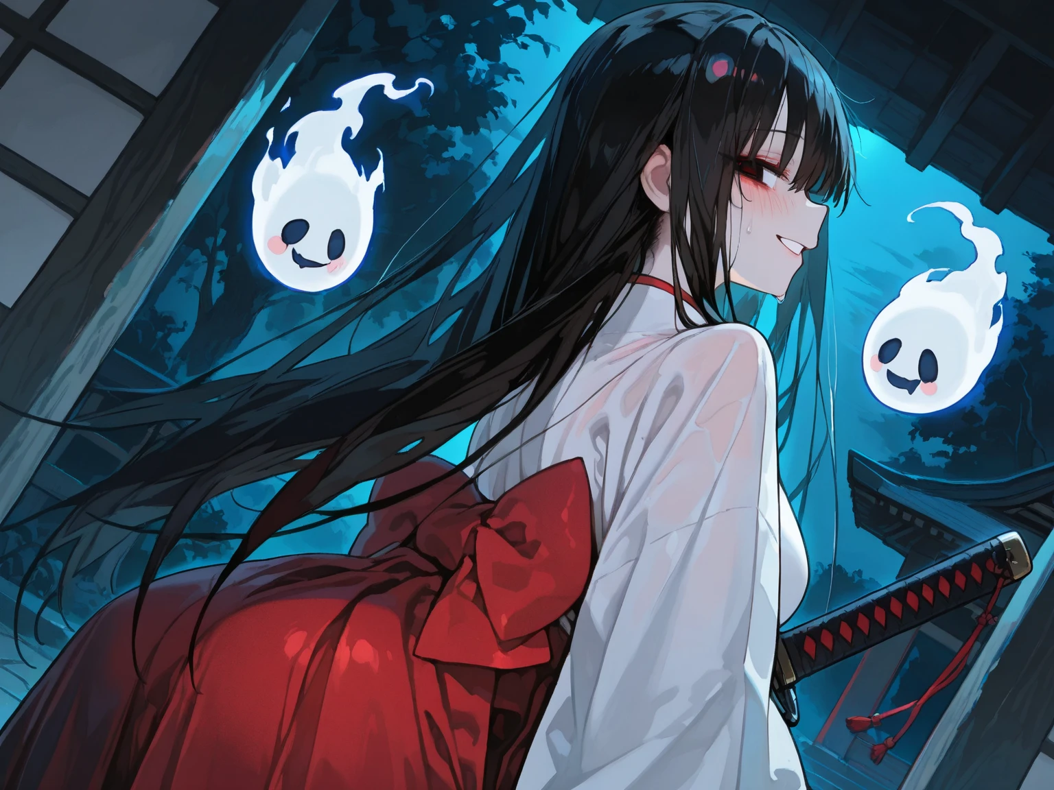 Black, white and red spider lilies in full bloom illuminated by the light of the full moon,A light-colored kimono that is so thin it is almost transparent,Beautiful long straight black hair,Red lipstick,A mysterious and seductive smile,Pale skin,Standing by the water,The human soul is floating,Japan Ghost Story
