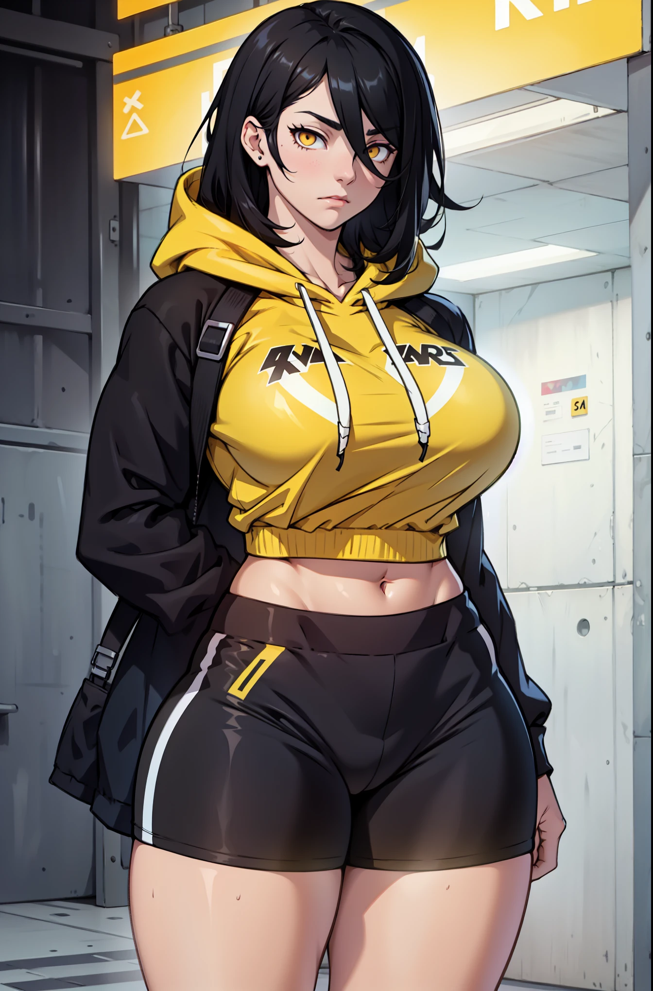 1 girl bodybuilder huge tits black hair yellow eyes very long hair pale skin angry thick thighs