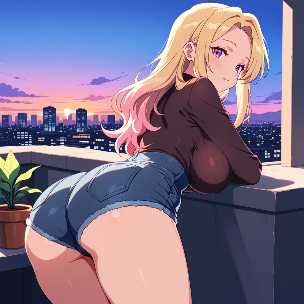 topquality, (((Girl 1))), Perfect skin, realisic skin, Full HD, Detail Skin, High Sharp, 8K, (The roof of the house), jour, Perfect body proportions, (little chest:1.3), (((NSFW))), (seen from behind), (((Came))), ((beatiful face)), (tmasterpiece), pretty eyes, Smiling, The frame is not grainy, ssmile ,((black headband on the hair)), (((Red eyes of a girl))), (dark skin:1.4), (suntan), Golden hair, Grinning, having fun, Beautiful butt, buttocks, (bearing), ((A Close Look))
