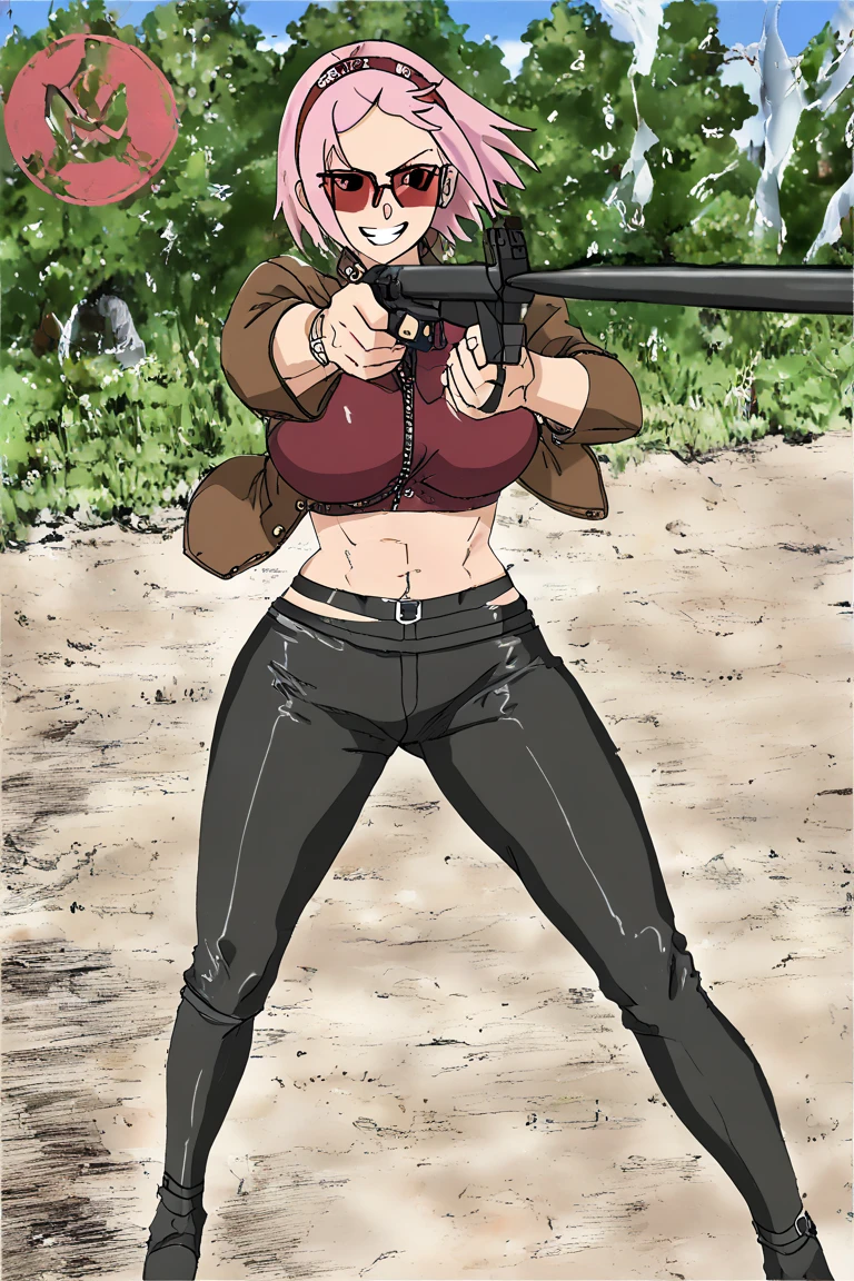 (best quality,highres,masterpiece), solo,Hoshizora rin , orange hair, yellow eyes, tank top, earrings, Camouflage pants, standing,navel, cowboy shot, thighs,wide hips, smile , closed mouth, dirty,sweaty, holding gun, (erect nipple:0.8), crotch ,in war