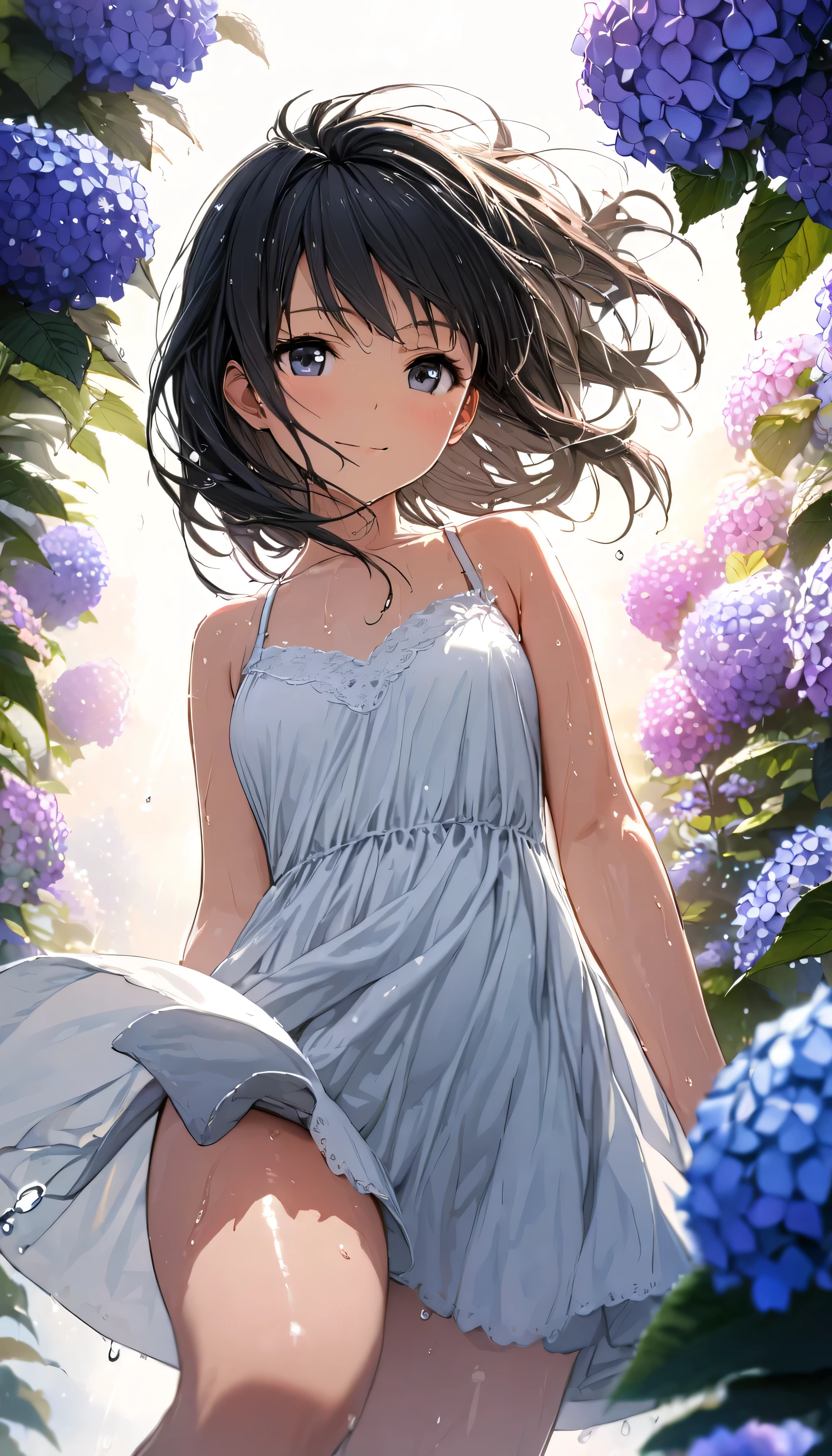 (masterpiece, best quality:1.5), (ultra detailed, high resolution, 8k, beautiful detailed, UHD, best anatomy), black hair, flat breasts, 1 cute girl, knee-length dress, Flower fields spread over meadows, got his hands outstretched, Petals are dancing in the wind