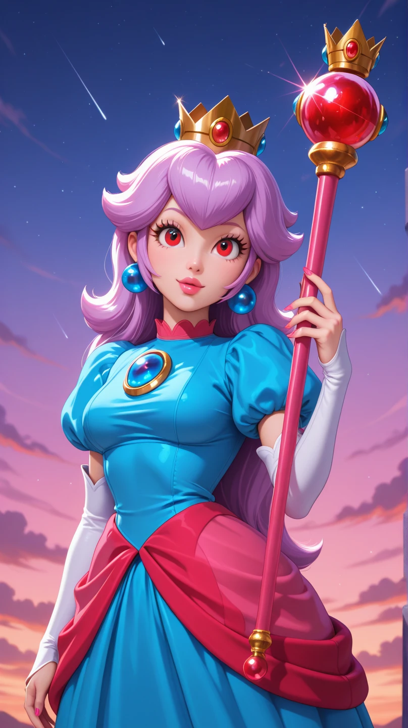 Magical Girl, 8K, photo shot from front, highly-detailed, girl with arms outstretched and holding a magic wand, serene expression, long purple hair styled in twin tails, cleavage, [Madoka Kaname|Sailor Moon], in a colorful and glittering sky filled with stars and planets.