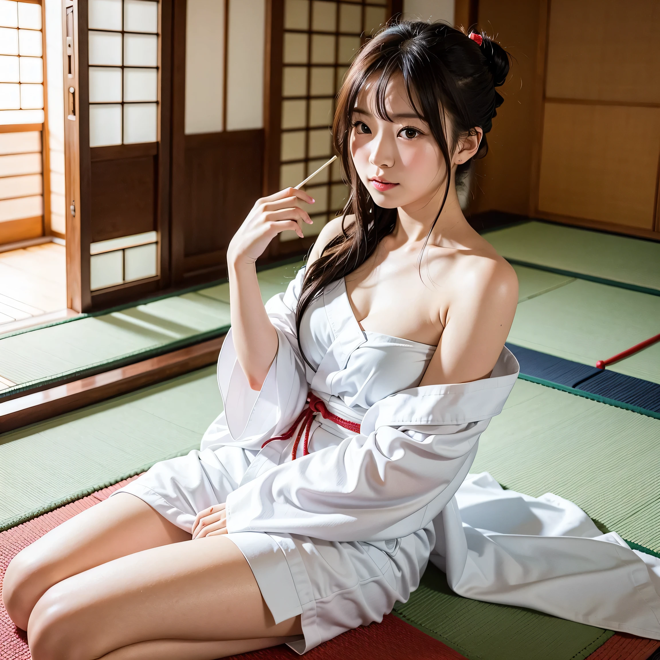 (((nffsw))), (((masutepiece))), (((8K))), (((hight resolution))), (((Photorealistic))), (((Cinematic lighting))), god rays, Zoom Layer, (((FULL BODYSHOT))), F/4.0, canon, Shiny skin,Detailed skin,Detailed face, Detailed eyes, nakeness, Bare chest, No top, Woman in beautiful Japanese clothes in Japan, Upstyle Hair, Japanese-style room in the Japan, Take off your kimono and show off your underwear, White Satin Fabric Bra, White satin fabric panties