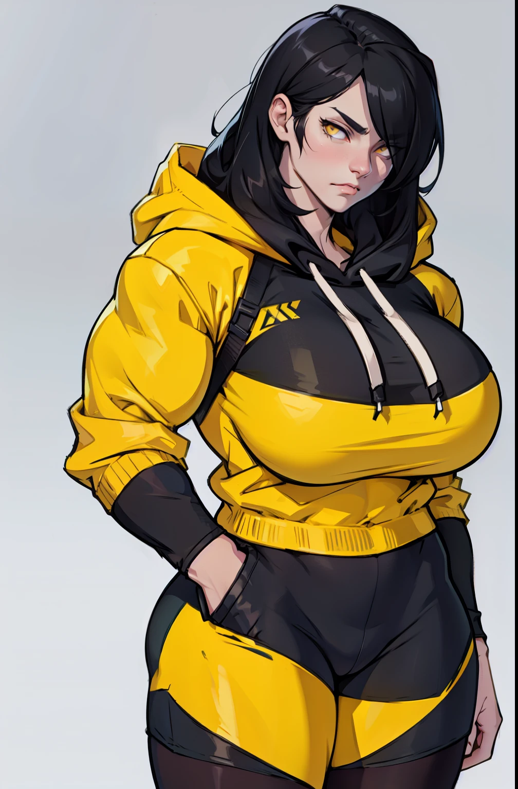 ((grey background)), solo, ((((1 girl)))), very long hair, black hair, angry, yellow eyes, (((((muscular))))), (huge tits), (thick thighs), (wide hips), pale skin, standing, slick hair, ((hoodie))