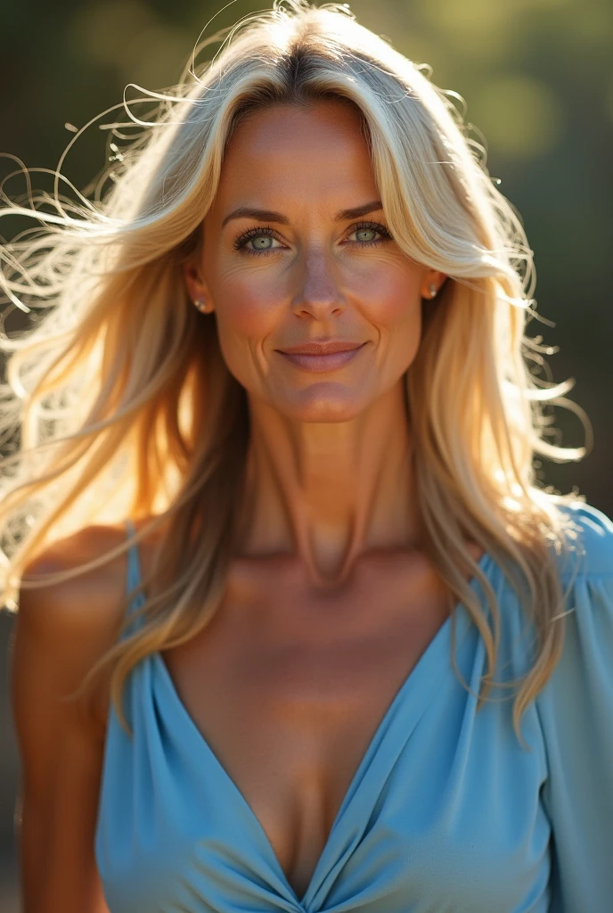 A photorealistic portrait of a 45-year-old American girl with long, flowing blonde hair and striking blue eyes Wearing a tight white t-Shart. She should have a natural, approachable expression and be illuminated by soft, golden-hour sunlight. The background should be a scenic outdoor setting, perhaps a sunlit beach. Capture this image with a high-resolution photograph using an iPhone 14 Pro camera.