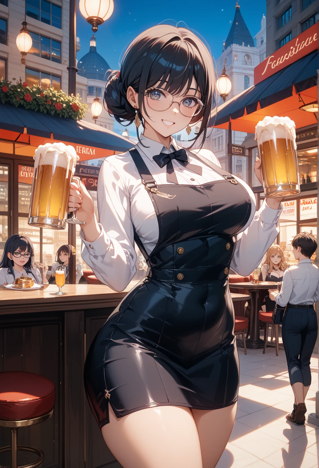 highest quality、High resolution、Detailed Background、(Beautiful face in every detail:1.4)、Anatomically correct、(Draw the usual number of fingers:1.2)、(Detailed facial expressions)、(Detailed eyes:1.2)、(Detailed eyes:1.2)、Beautiful, smooth skin、Beautiful girl in her 20s、(Three Women)、(Huge breasts:1.3)、(Highly detailed face:1.4)、Brown Hair、Black Hair、cute hair color、ponytail、Bobcut、Braided long hair、Wavy Hairstyle、well-groomed eyebrows、Perfect body line、Cowboy Shot、
(Two women having fun with friends in a beer garden:1.5)、
Going to a beer garden with friends and family can create a more enjoyable atmosphere.、Gathering with a large group of people will increase the excitement and make for a memorable experience.、
Mr.々There are many different types of beer on offer, so please try the beer that interests you.、We also recommend enjoying craft beer and local beers.、
You can also enjoy delicious food along with your beer.、
sausage、potato、Pizza etc.、Choose a dish that goes well with beer、
Occasionally there will be live music and entertainment、
You can have more fun by dancing and singing along to the music.、
It is important to have a comfortable seat or table、
A beer garden where you can enjoy beer and cocktails while taking in the beautiful view of Tokyo Bay.、cute