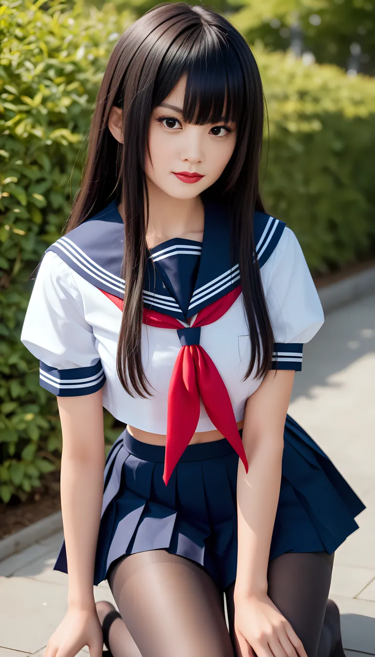 Detailed face、highlight、Asian Girl、thigh、breast enhancement、black髪、Heavy bangs、skirt、Sailor suit、red、black、white 