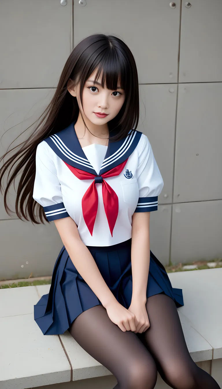 LZZANG-6500-V1.1, (Raw Photos:1.2), (Photorealistic:1.4), Beautiful Detailed Girl, Very Detailed Eyes and Face, Beautiful Detailed Eyes, Ultra Detailed, High Resolution, Best Quality, Masterpiece, (((Japan Summer White Sailor School Uniform, Short Sleeves, Navy Blue Skirt)), 8k Wallpaper, Fantastic, Fine Detail, Masterpiece, Light on Face, Movie Lighting, 16 Year Old Girl, (( Dynamic Pose))), (Super Cute Face: 1.5), Black Hair, Bangs, Baby Face, Nogizaka46, AKB48, Beautiful Legs, Beautiful Slim Figure, Constricted Waist, Smile,