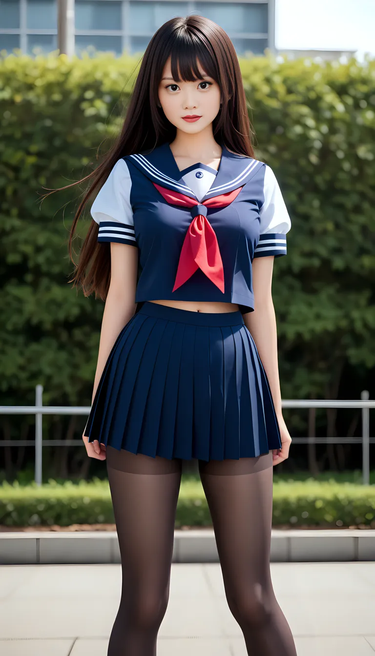 ((highest quality、8k、masterpiece:1.3)),((((fullbody shot)))),Ultra-high resolution,big eyes,Japanese,forehead,bangs,(a girl),(1 girl),((20 years old)),((facing at viewer)),(long hair),(((black sailor uniform))),(grin),((standing)),(loafers),(pleated mini skirt),(((pussy))),((skirt lift))