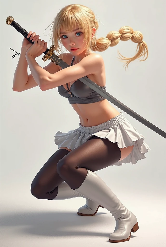 Masterpiece, best quality, Super display, Very realistic, Highly detailed face, Clean and delicate face, whole body, Kneeling and swinging a long sword, Holding the sword correctly according to anatomy, Single braided blonde ponytail, smooth apart, forehead, Wearing a tank top and a folded mini skirt, Naked ass, open legs, Sleeveless, black stockings, White ankle boots, staring at the viewer, Simple color background