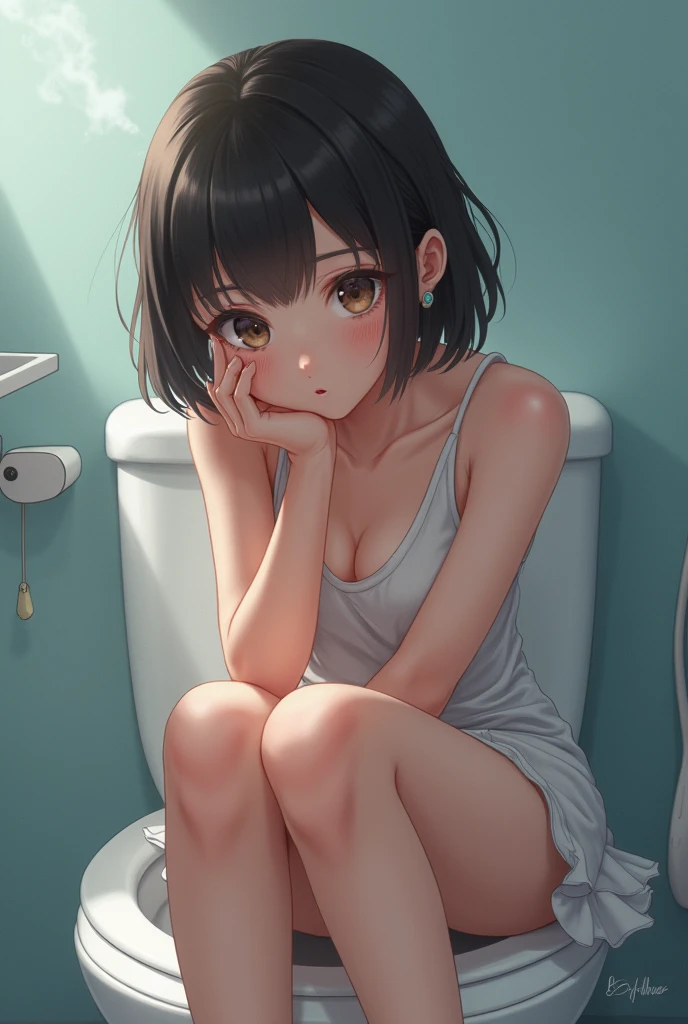 NSFW,,(bottomless:1.5),(pubic hair visible:1.3),short hair, black hair,reddish eyes、,, ,NSFW,very detailed、masterpiece、highest quality、Ultra high decomposition energy A、8K high resolution、Clear like a photo、ultra high resolution、Gradation depiction、photorealistic、Private toilet room、Toilet in the shop、based on anthropology、girl、detailed eyes、short hair、,、(wear white Tshirt:1.4)、, ,, ,、,(belly visible),,, (frown:1.2),(angry:0.9),contemptuous,disdain,(hate:1.3),,elegant,active angle,dynamism pose,(closed eyes:1.3), (embarrassed,nose blush:1.6), , 、, (touching face with one hand:1.2),, white Tshirt ,(sitting on toilet seat:1.5)