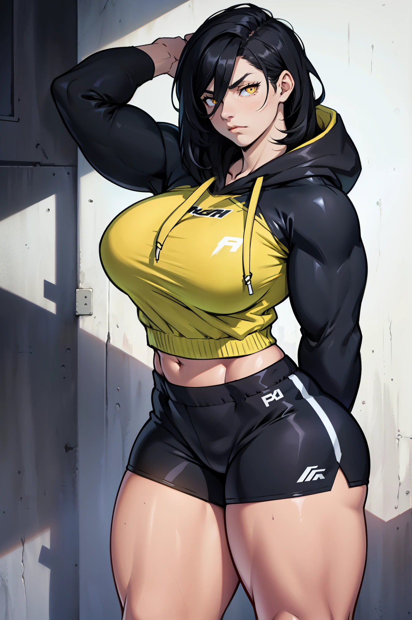 empty eyes embarrassed girl female huge breasts breasts pale skin 1girl muscular toned body huge breasts thick thighs black hair yellow eyes bodybuilder