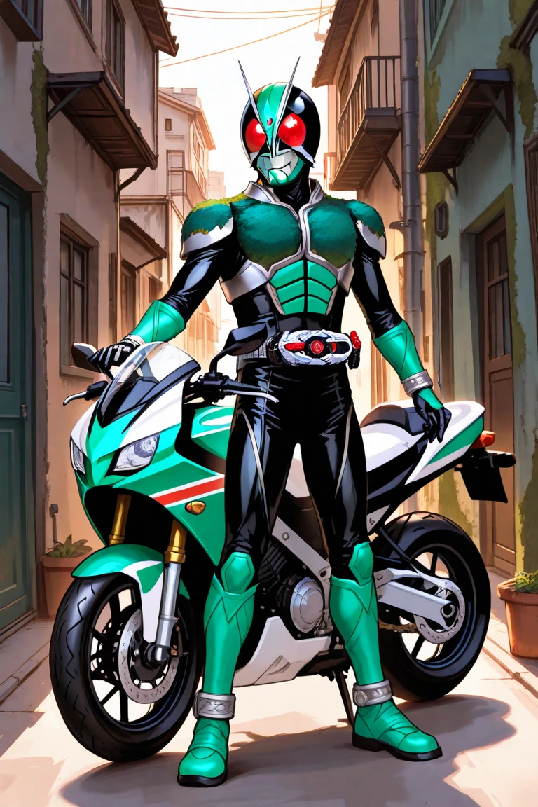 ((best quality)), ((masterpiece)), (detailed), perfect face,indian dark skin, very long dark purple hair, cracked tinted sunset small circular sunglasses, leather dark green catsuit spikes,very spiky shoulder pads with gold plate, spiky gold knee pads with angry faces, muscle, boob window, gold high heels with spikes, ripped pants, zippers on pants, chest hair, cleavage, spikes, rips, zippers, sunset iris eyes, playful, male, masucline, tight clothing, golden chains, gold jewelery , gold piercings, gold rings, leather gloves, bdsm, dominant, sexy, golden piercing , dark green clothing, hairy, sports cap, dark green leather, monochromatic outfit, green leather, spikes belt, gold claws, open toe military boot, spikes choker, chin beard, croching, anime main character, open toe, biker, cute,gay, biker catsuit, longer hair, green boots, gold claws, more zippers