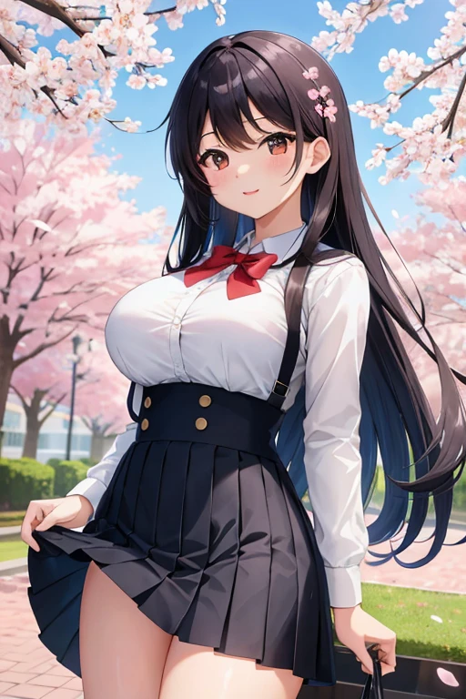 highest quality、High resolution、detailed background、beautiful and detailed face、beautiful and smooth skin、skin texture、professional lighting、Beautiful teenage girl、(huge breasts:1.1)、ピンクのsleevelessセーラー服、white sailor collar、plaid pleated mini skirt、cute編込みヘアスタイル、pink knee high socks、pink knee socks、((cherry blossoms舞い散る木の下で眠る))、cherry blossoms、Big tree、大量のcherry blossomsの花びらが舞う、cherry blossomsの花びらを広げて、smile a little sadly、show the whole body、underboob、emphasize cleavage、panty shot、cuteピンクのパンティー、sleeveless、cute