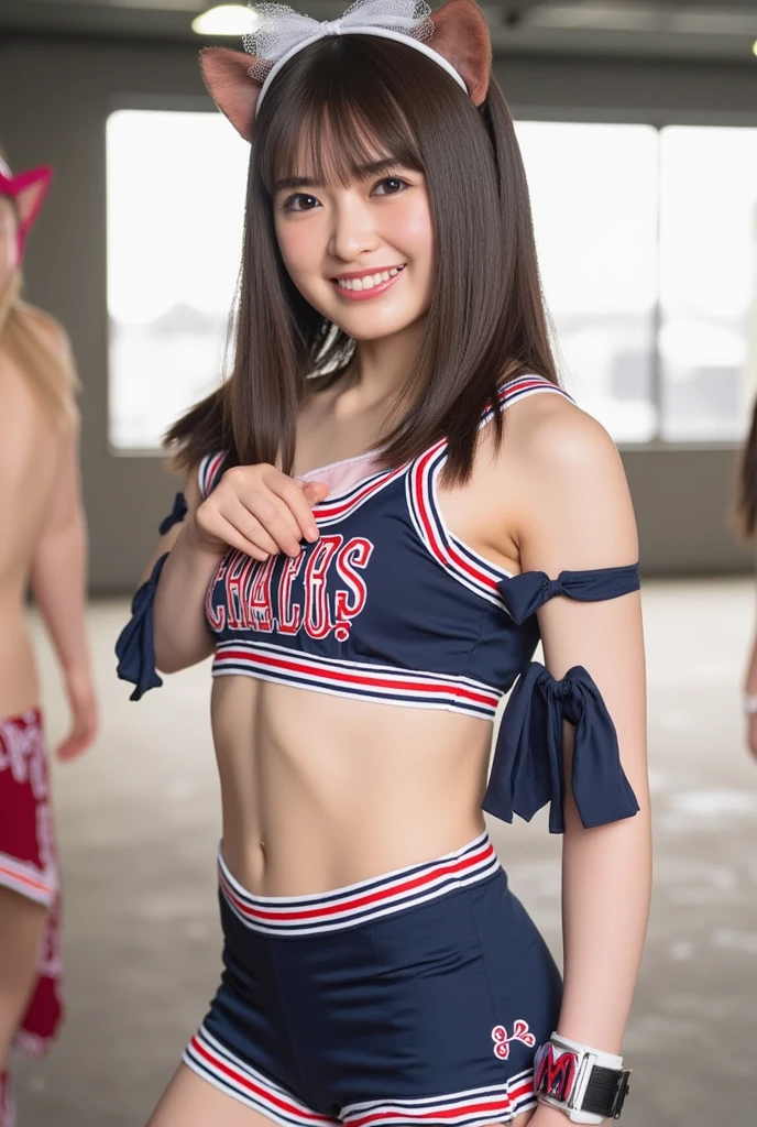 A 15-year-old girl with a cute idol-like face。Gentle and cute。Please smile kindly。She is a cheerleader at school　Cheerleader uniforms are bikini-style and have a bust-emphasizing design.　big bust　full body figure　Raw photo　real　genuine　High definition　real life　No copyright notice