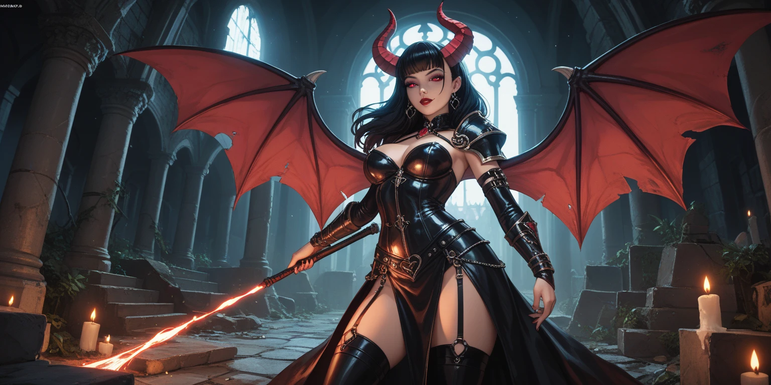(((1 woman in frame), Pretty Caucasian (female), Sarah Shahi, a slim but muscular body, huge breasts)), ((bright black lipstick)), ((wicked smile)) ((big bright red eyes looking towards the viewer)) ((long black messed hair)), Ultra realistic 8K, flawless, tall, (Heavy makeup), Earring、Standing in a sexy pose、Nikon Z 85mm, ((Best Quality)) ,((masterpiece)), intricate details, Extremely delicate and beautiful, ((devil, black bikni armour:1.6, ((large cleavage))、black latex Ultra micro miniskirt((very very very micro miniskirt exposing full length thigh))、red devil horns、large black devil wings、((beautiful exposed long thighs))、)):1.0、(Full body shot:1.0)、Sexy look, standing pose、NSFW:1.0, burning hell background, night, ((view from bottom))、
