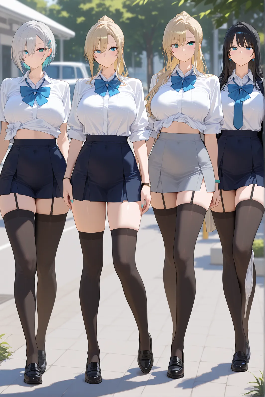 Texture CG, ((Ultra Detail Art)), ((master piece)), (extremely details CG),1girl,solo,(nsfw:1.1), school gal ,school gyaru ,naughty gyaru,((((school unifrom))),skirt ,(((pleated micro skirt)))),(white shirt),(spread legs standing with sexy pose), beautiful legs,beautiful breasts,slim legs,slim thighs,slim waiist,slim buttocks,(pussy visible through ass from below),(panty shot),(wind lift), (tiny miniature microbikini),(see through white bikini),(clitpussy1,pussy peek,microbikini wedged in vulva,clitoris slip,very lowleg),long hair, blonde hair, brown hair, pink hair, silver hair, Curve, Beautiful detailed eyes , gleaming skin, bracelet, ,hair ornament, hairclip, jewelry, open mouth ,light smile, embarrassed:1.4,