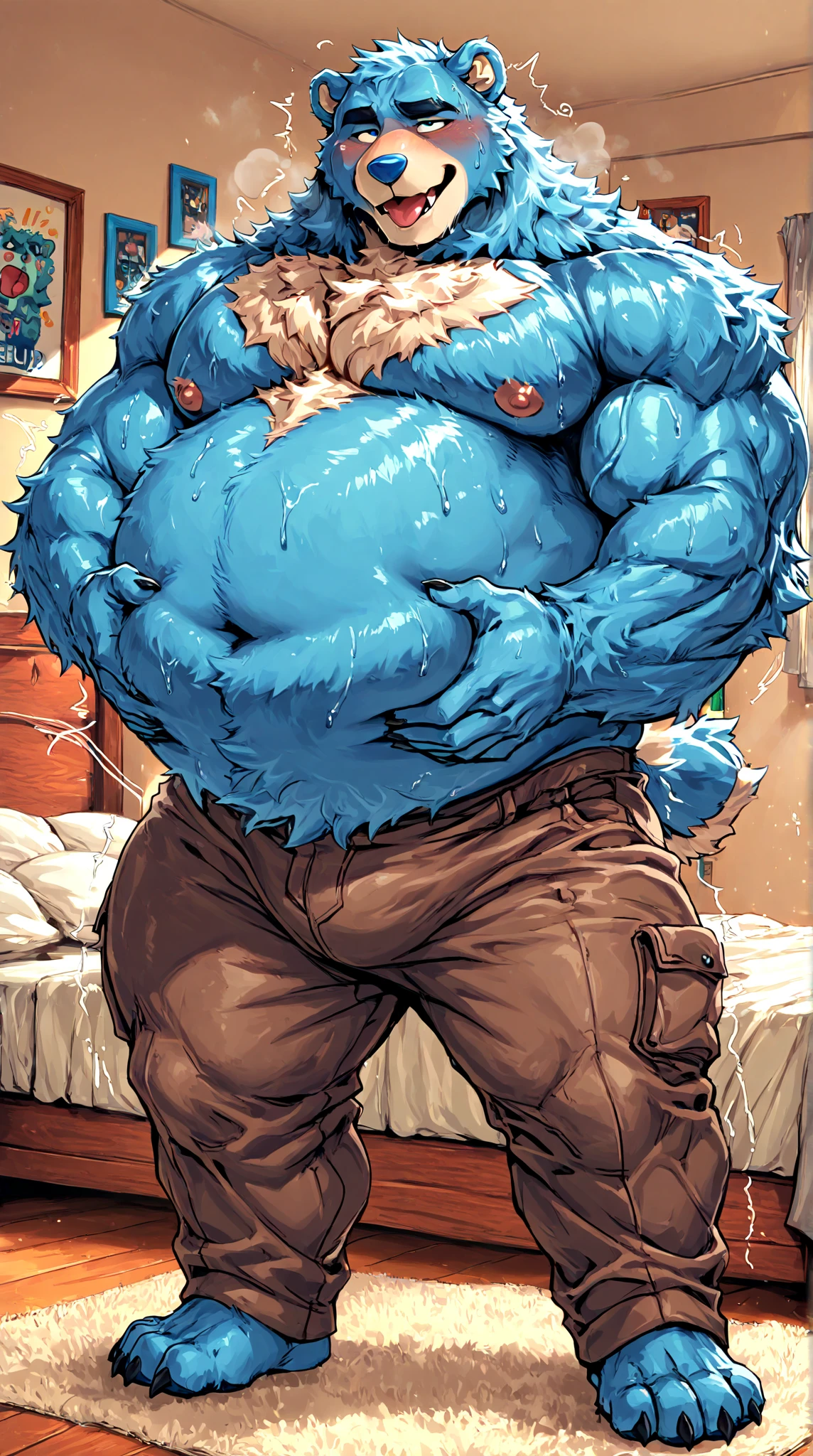 ((Masterpiece)),((Hight quality)),((Hught Detailed)),((Realistic,)) Anime Artistic masterpiece art, Concept anime art, Dungeons and Dragons art, dungeons and dragons mmorpg, different comic vignettes, Obese sumo Bears, He is a porn star who creates a weight gain potion for Gigolo bears, In a scene where you can see that the scientist gives drink to some Gigolo bears, making their bodies grow and gain a lot of weight, creating big and strong Gigolos to dance in the club, they are in the lockers at the striper club