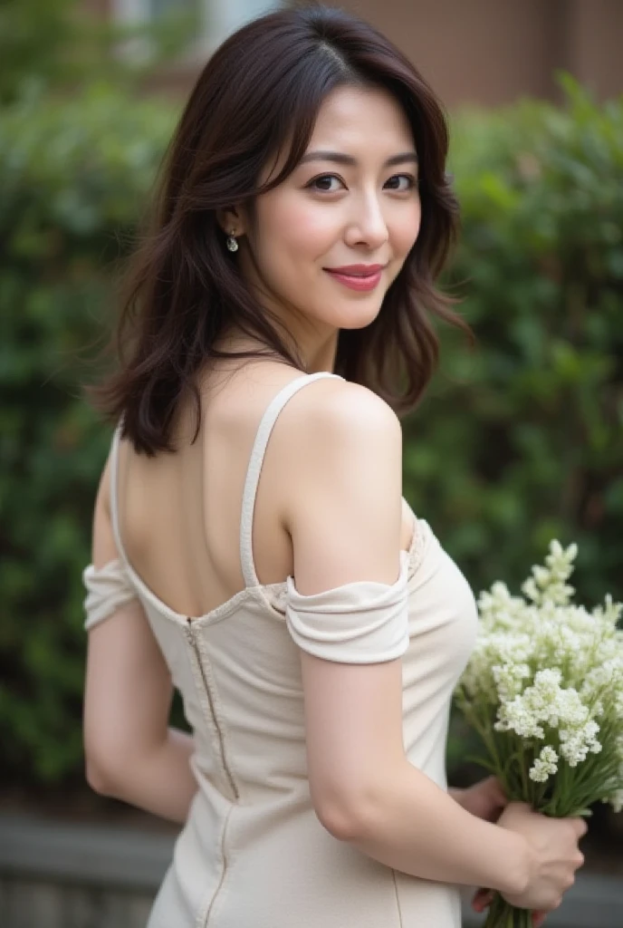 A beautiful and hot almost chubby mature woman.who is wearing a patterned short dress and is and standing in the park. A smiling face、sexy woman、A radiant smile、adorable、race、Frills、Colorful design、Full-length mirror、An inviting gaze、Gorgeous long and beautiful hairstyle、variation Hairstyle、Open neck blouse、Flower Garden、Sparkling、Elegant Princess