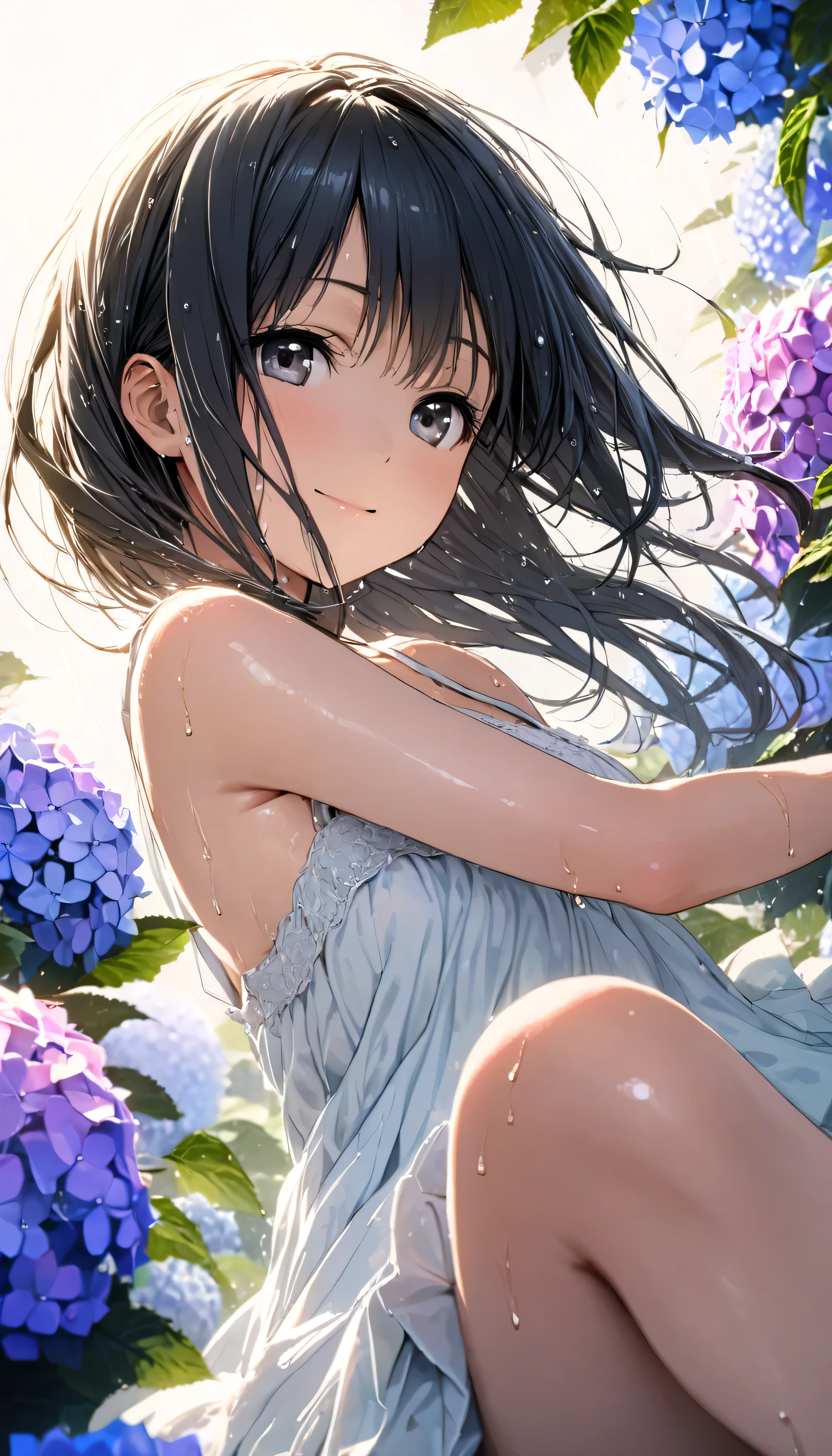 (High resolution:1.4), (masutepiece:1.2), (High quality:1.3) 1girl, saten ruiko, green eyes, long hair, black hair, small breast, blush, Grin、 White tank top shirt、Sweat、Cleavage、Armpit、 morning、summer、cloud、Wind、Straw hat、Selfie、Focus on the chest、, cinematic lighting,1girl,solo