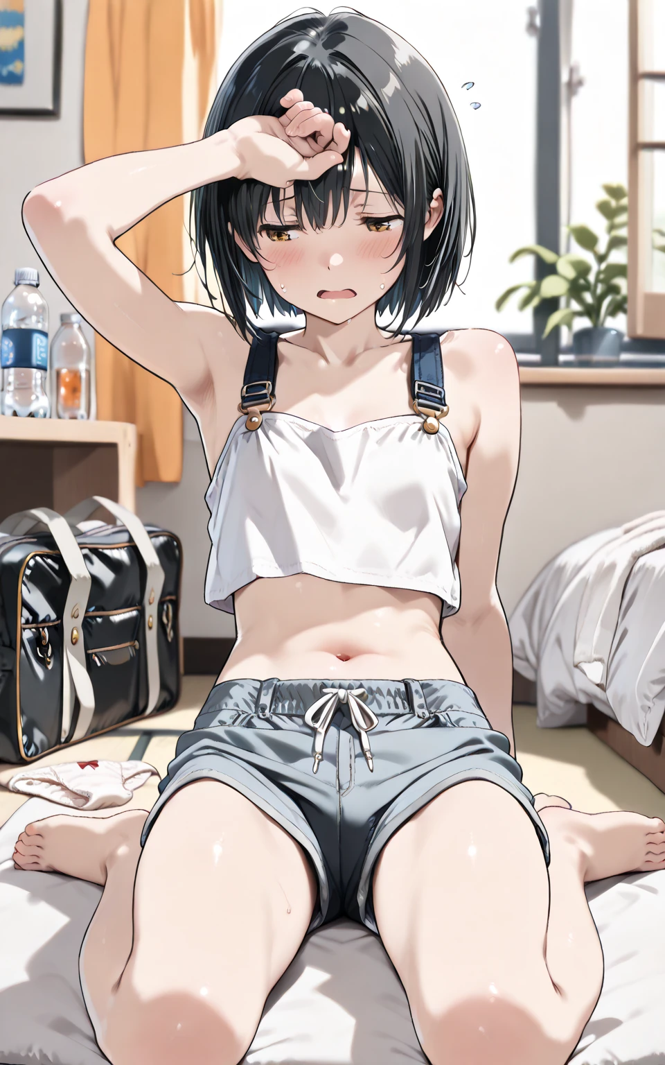 beautiful, (masterpiece:1.2), (best quality:1.2), perfect eyes, perfect face, perfect lighting, 1girl, hair covering one eye, grey sleeveless sweater, look at the viewer, (wide angle:0.8、orgasm:1.2)
,squatting,arms up,((steam,sweat、wet))、Beautiful legs、