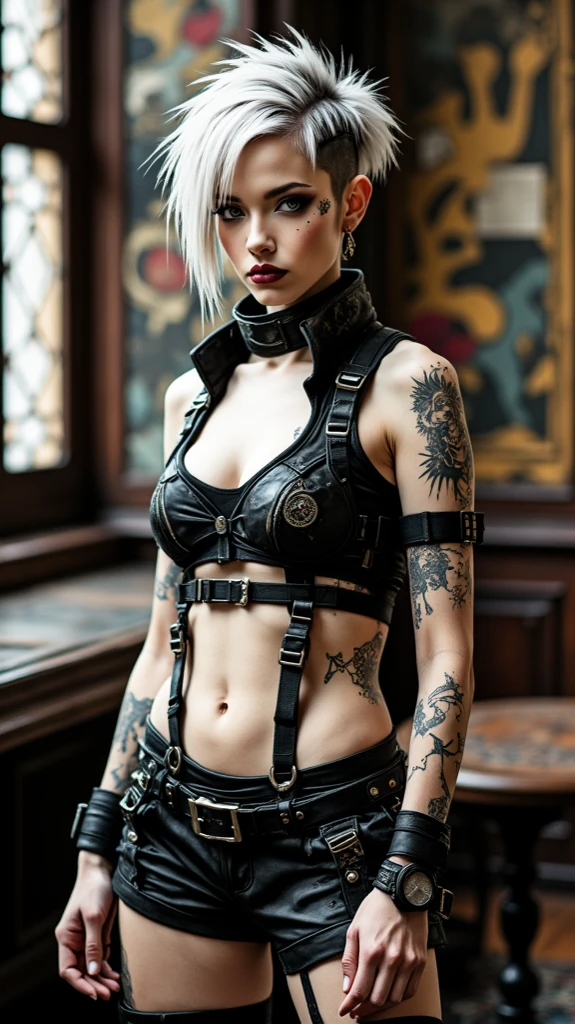 pubic hair, Pale Goth girl in early twenties, Cyberpunk theme, Spiked Mohawk, hair dyed dark green, thin, thin waist, very pale skin, hair in tall spiked Mohawk, not safe for work, sensual pose, naked, bottomless, no clothes, medium breast, sexy pose, hair gelled up tall