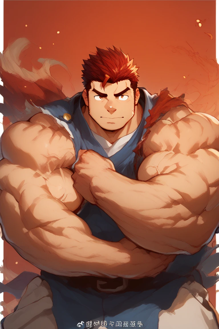 1male, one male, Dark Red Hair,Short Hair, Crimson Red Eyes, Muscular, Curly Hair, sleeveless Red shirt, Black Pants, serious expression, Red Aura, red ruby gem on chest, beach background, arms in pockets, black jacket,sunset