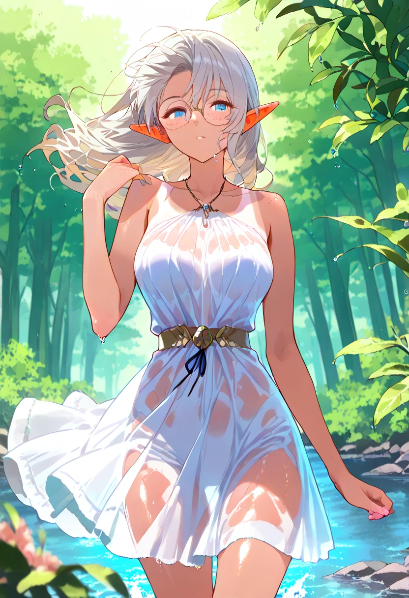(solo cute girl standing:1.2), (little), (long white hair:1.2) ,(very long legs), (thin legs), very short torso, BREAK, (open legs:1.2), tiptoe, pigeon toed, BREAK, high-waist skirt, (white sheer chemise), BREAK, (disproportionately huge breasts:1.4), perky breasts, cleavage, thin waist, (nose blush, smile for viewer:1.2), open mouth, BREAK, (forest), BREAK, (masterpiece, best quality, ultra-detailed:1.5)