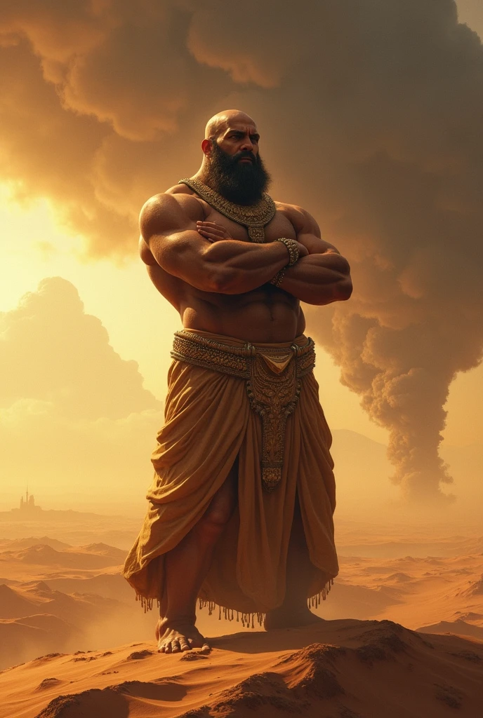 Hyperrealistic image of a full body Superhero Caliph with many jewels and bracelets with a bare torso very sweaty extremely over 80 years old very muscular and fat over 200 kg African American with a bare torso large flabby pecs with a huge turban decorated with huge jewels brown nipples very long gray hair and big gray mustaches with huge tattooed arms in an oasis in the Sahara desert inside a lagoon