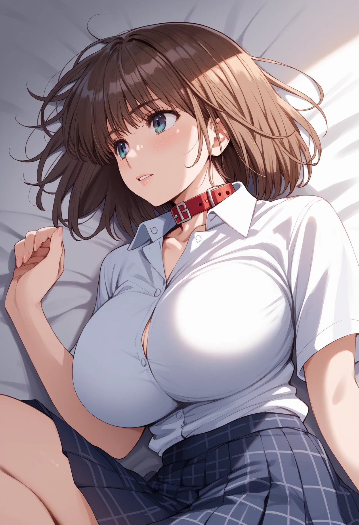 (nsfw),hyperrealistic anime,cute girl,curvy body,school sweater,bow tie,(checked pleated skirt),(tareme),blushed,troubled,brown medium hair,at home,pov handjob,
