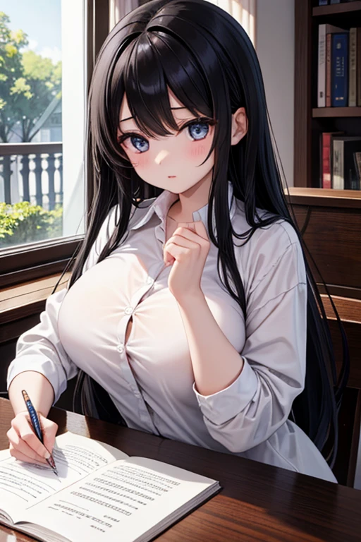Maru, Zoey Monroe-like Face with Black Hair and Gray Eyes, German European 25YO, Sitting at a Table with a Laptop, Photorealistic Anime Girl Render, Realistic 3D Anime Style, Cinematic Bust Shot, Cute Anime Girl Render 3D anime, April render, Anime CGI style, a hyper-realistic schoolgirl with cleavage, Cinematic close-up, A hyper-realistic schoolgirl, Semi-realistic rendering, Realistic schoolgirl, ((masterpiece))