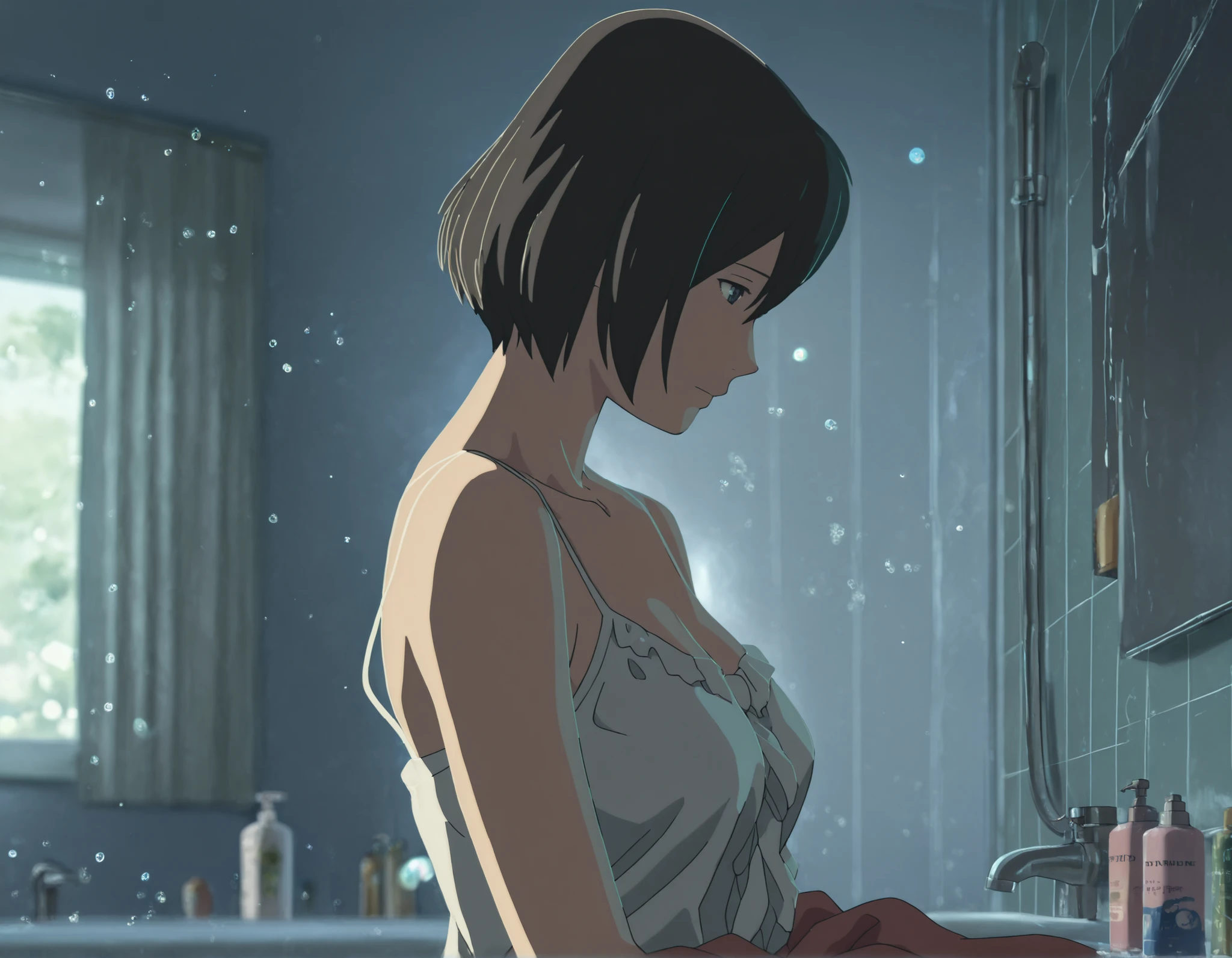 masterpiece, , absurdres, highres, detailed background, high resolution, masterpiece, necessary, detail, best quality, quality, necessary, details, High details, Precise, indoors ,(bathroom, colorful light particles, powder light,),day lens flare, blurry background,(from side), ,
1girl, (type-moon,) style, shinkai makoto style, white camisole, white satin panties, (undressing clothes:1.3),
tall girl, mature, 1girl ,solo ,yukino yukari ,black hair ,short hair ,hair between eyes ,black eyes, medium breasts, aging