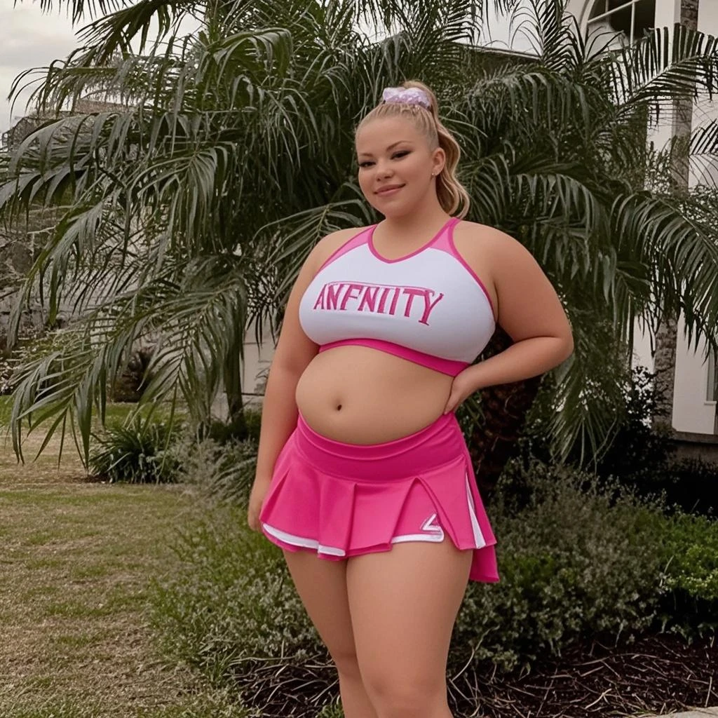1female, solo, juliet starling, blonde hair, twintails, midriff, clothes writing, cheerleader, wristband, thighhighs, skirt, crop top, belt, standing, school yard, best quality, masterpiece, ultra-detailed, smile, curvy body, plump body, huge big ass, thick body, curvy body type, voluptuous body type, busty body type, thick body type, big chest, big